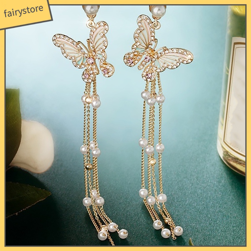 Bông Tai Dáng Dài Hình Bướm Đính Đá Lấp Lánh