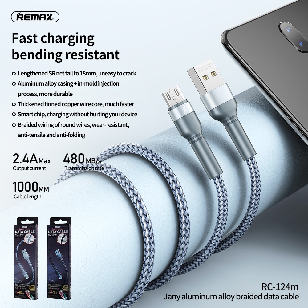 Dây sạc nhanh micro usb Remax rc124m dòng sạc 2.4A dài 1m