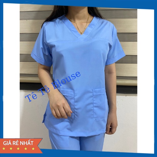 Bộ SCRUBS cổ tim phòng mổ, đồng phục phẫu thuật, Spa, phòng khám, màu XANH LAM, chất vải LON mỏng mặc mát không bị Lộ