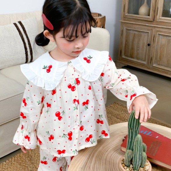 Bộ pizama dài tay cho bé gái | Họa tiết cherry | Mềm mịn | 9-23kg |