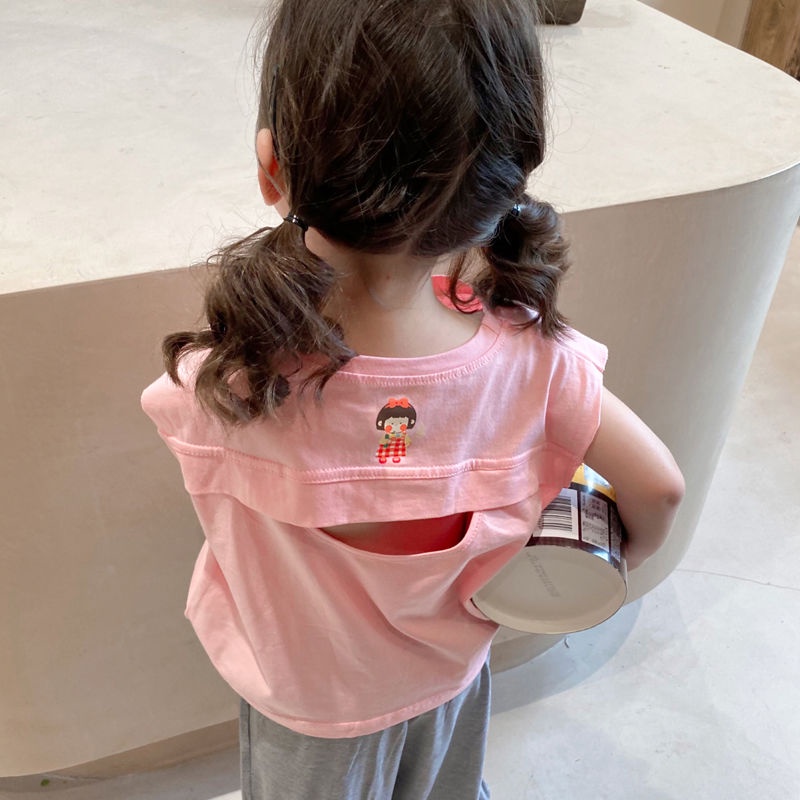 Áo Thun Không Tay Hở Lưng In Hoạt Hình Phong Cách Hàn Quốc Thời Trang Mùa Hè Cho Bé Gái