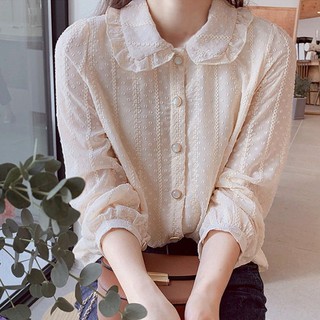 Áo Sơ Mi Chiffon Tay Dài Dáng Rộng Phối Ren Dễ Thương Xinh Xắn Cho Nữ