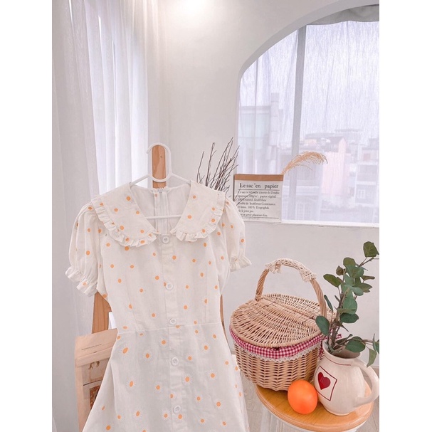 Váy hoa cúc tay bồng chất đũi thô/Váy vintage đũi hoa cúc tay phồng