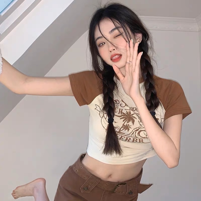 ÁO CROP TOP PHỐI MÀU VIỀN NÂU N3 pcgb