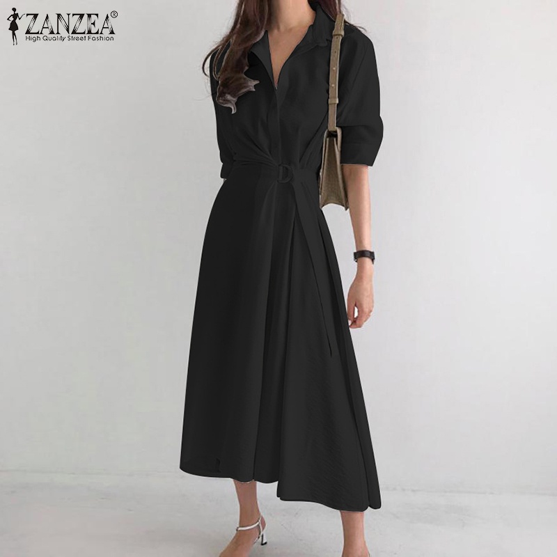 Đầm ZANZEA cổ bẻ ngắn tay thắt dây màu trơn phong cách Hàn Quốc thanh lịch cho nữ