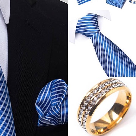 Bộ Cà vạt 4 món gồm Cavat 8cm, khăn cài túi, Măng-set, Nhẫn tròn phụ kiện, Cravat chú rể, Calavat công sở CBC-8223