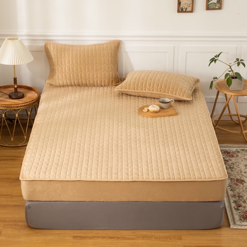 Bộ Ga Gối Nỉ Nhung Siêu cấp Trần Chun Màu Vàng Trần Xương Cá Siêu Lì Mềm Mại 1m6,2m2