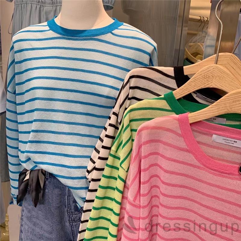 Áo thun tay dài dáng rộng họa tiết sọc thời trang cá tính cho nữ