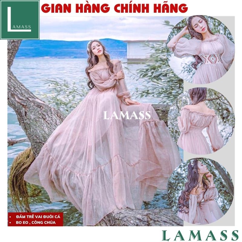 Váy Tiểu Thư Cổ Tích Màu Hồng Phấn Ulzzang ,Đầm Công Chúa Nhún Ngực Trễ Vai Tay Voan Sang Chảnh -LAMASS | BigBuy360 - bigbuy360.vn