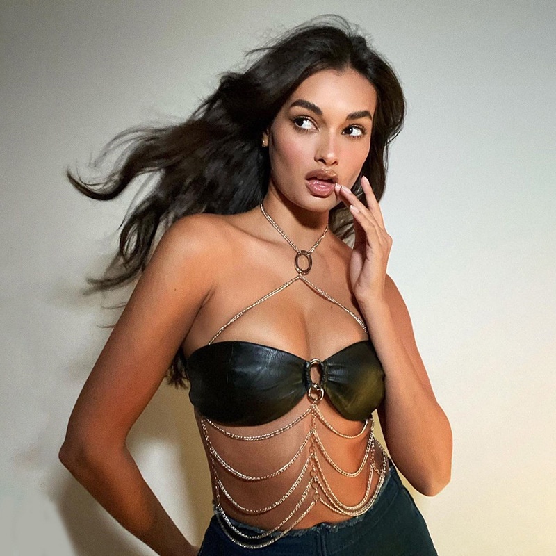 DUNEA Áo ống hở lưng phối dây xích sắt phong cách mới cho nữ