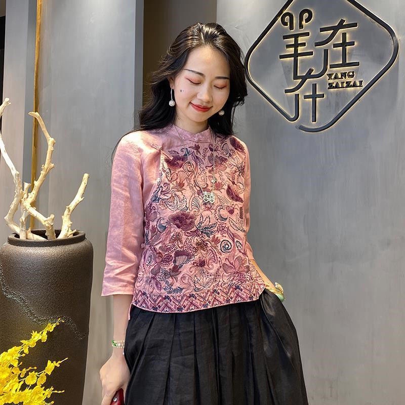 Áo Sơ Mi Cotton Lanh Dáng Rộng Tay Lửng Thêu Họa Tiết Phong Cách Dân Tộc Trung Hoa Cổ Điển Dành Cho Nữ