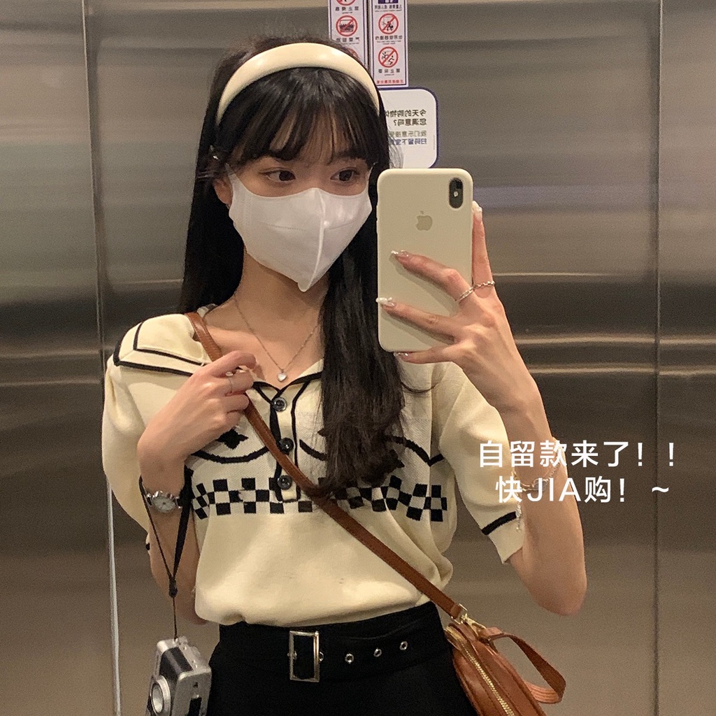 Áo thun polo ZHELIHANGFEI dệt kim tay phồng ngắn phong cách vintage dễ thương