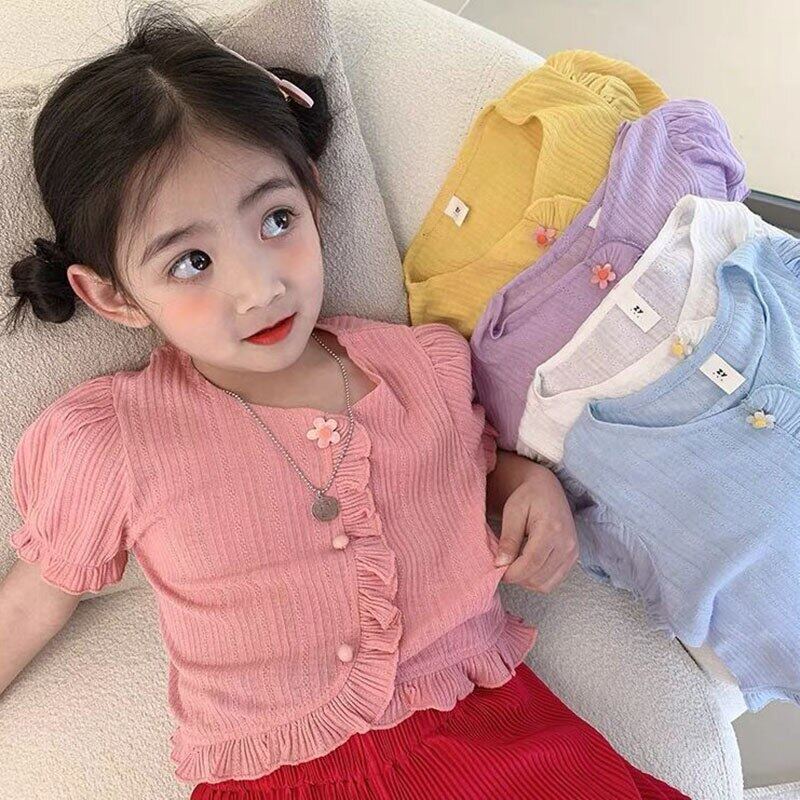 Áo Thun Cotton Mỏng Tay Ngắn Viền Xếp Nếp Màu Trơn Thời Trang Mùa Hè Cho Bé Gái 2-6 Tuổi