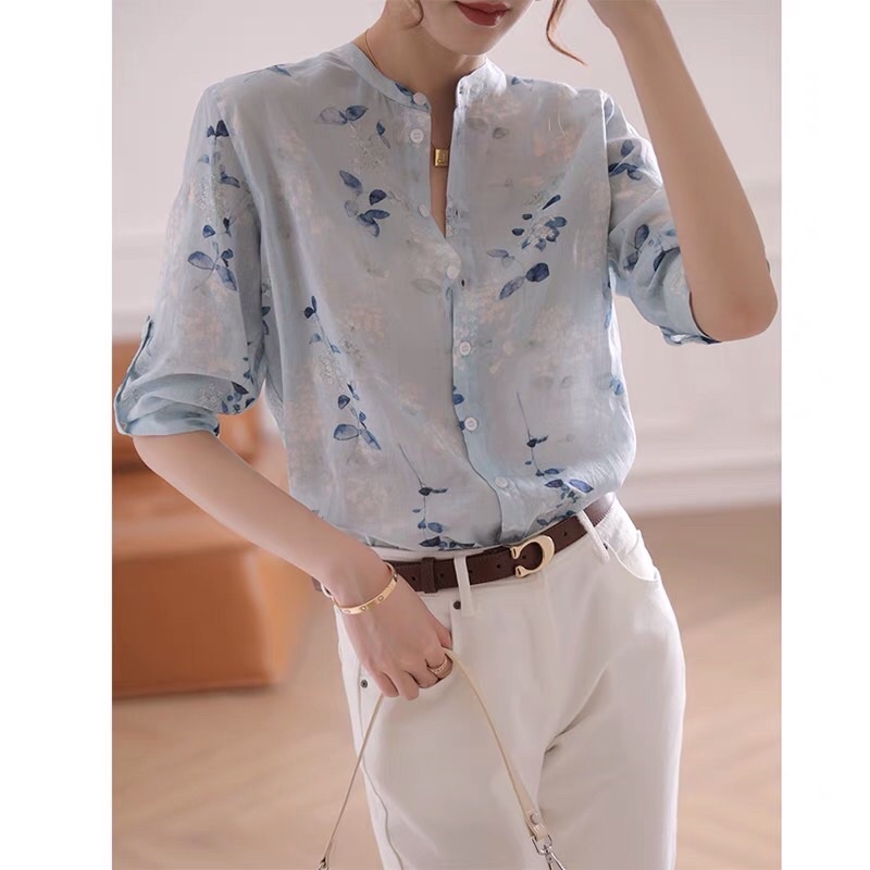 ⚡️ĐŨI XƯỚC⚡️Áo sơ mi đũi xước hoạ tiết hoa màu xanh nhạt