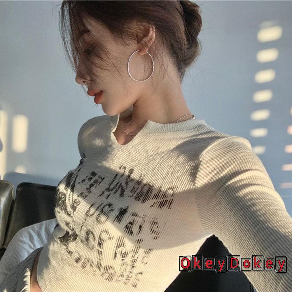 Áo Thun Dệt Kim Tay Dài Phong Cách Harajuku Vintage Cho Nữ Y2K