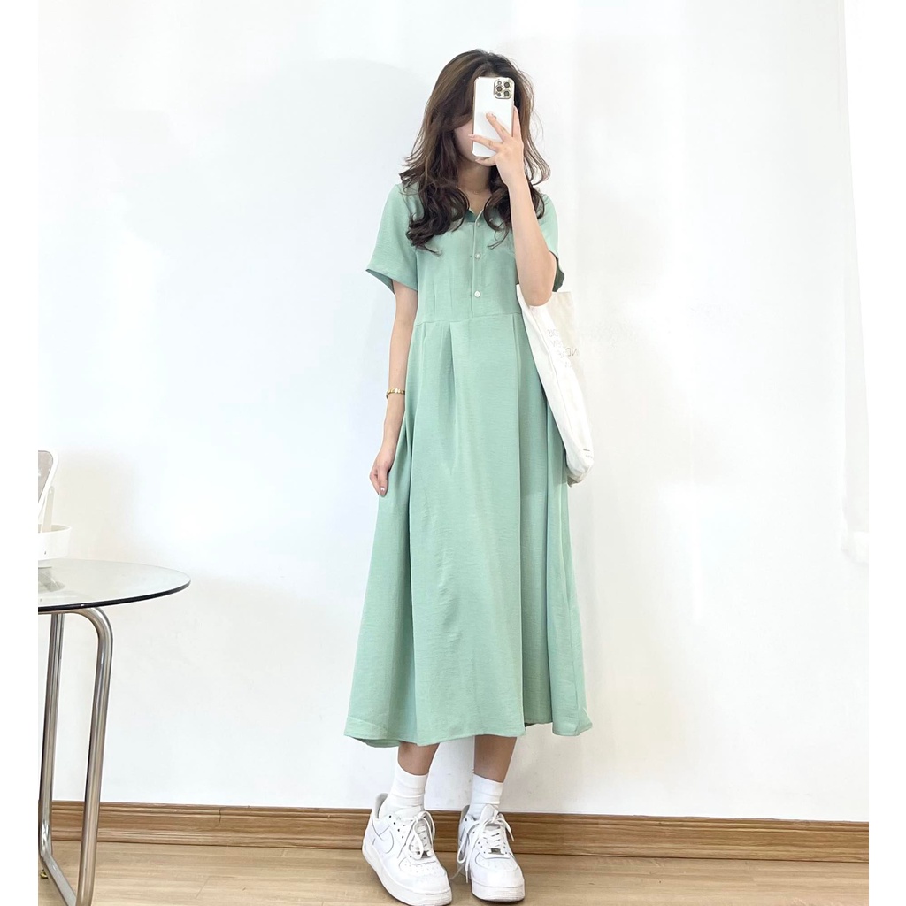 Váy suông dài cổ đức, đầm rộng cổ sơ mi chất đũi không nhăn siêu mềm mát cao cấp- Miho house