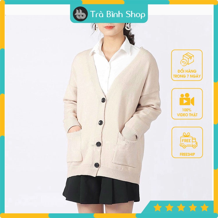 Áo cadigan nữ cài cúc cổ thấp chữ v có túi 2 bên