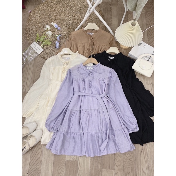 Váy Tơ Nhăn Kèm Đai Tay Dài Dáng Babydoll 4 Màu Siêu Xinh Có Ảnh Thật