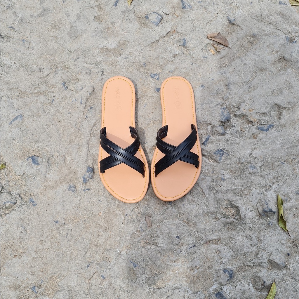 Dép chéo quai mảnh NALLDOS chất liệu da, đế thấp TPR nhẹ chống trượt 3 màu thời trang