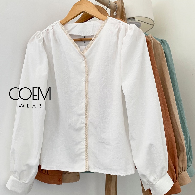 Áo sơ mi nữ dài tay cổ tim kẹp ren cách điệu hàng QC L1 CW8081