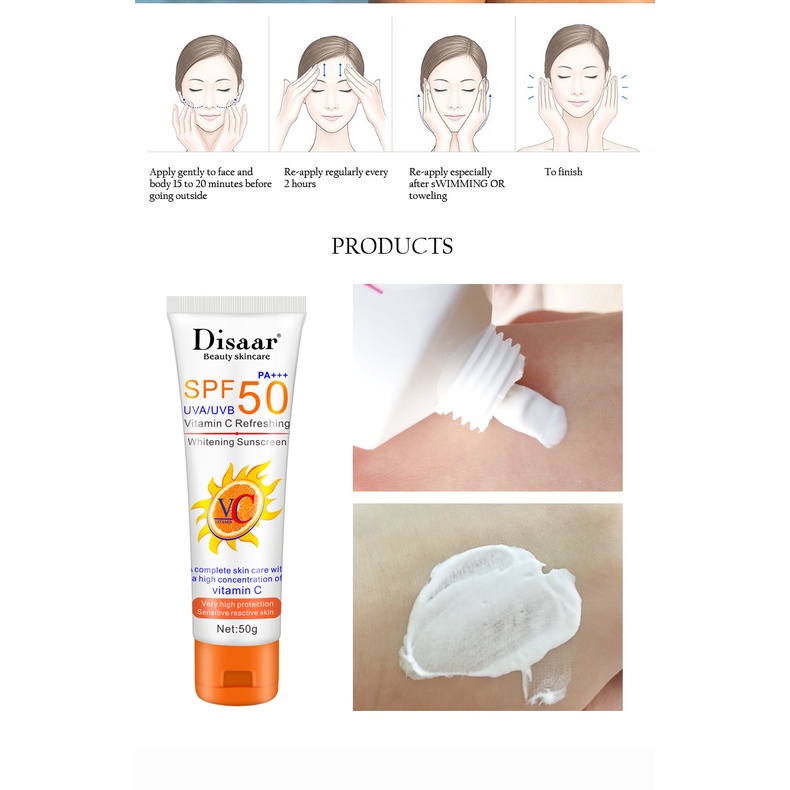 Kem chống nắng trắng da Disaar Vitamin C 50g bảo vệ da với SPF 50+ PA++++ giúp da sáng rạng rỡ