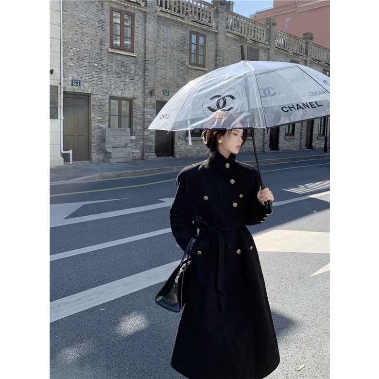 Áo khoác mangto dạ dáng dài YIMI màu đen thời trang