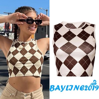Áo Croptop Không Tay Cổ Tròn Họa Tiết Kim Cương Thời Trang Mùa Hè Cho Nữ