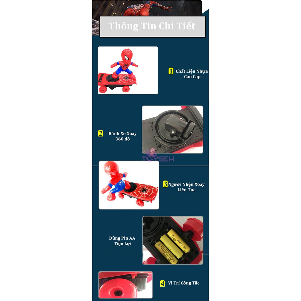 Đồ chơi người nhện lướt ván có đèn và nhạc xoay 360 độ toysem spiderman - Quà tặng sinh nhật cho bé