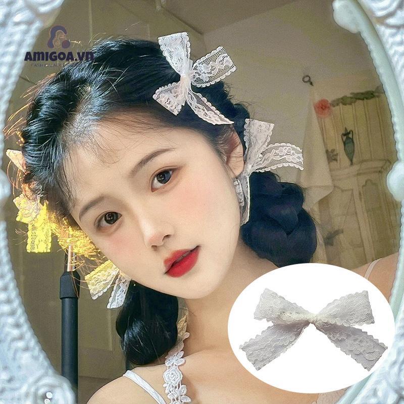 ✨✨Kẹp tóc thắt nơ bằng vải ren màu trắng đơn giản dễ thương dành cho nữ