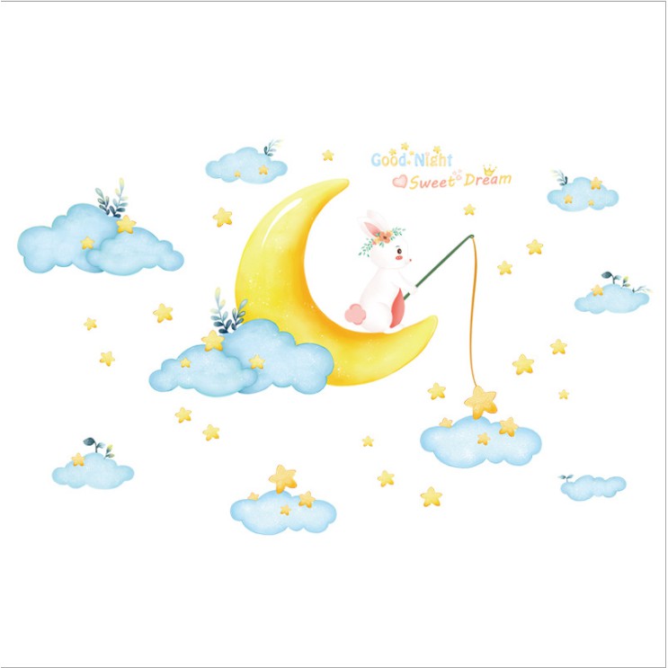 Decal trang trí tường - Mây Xanh và thỏ trắng câu sao Vàng Sweet Dream