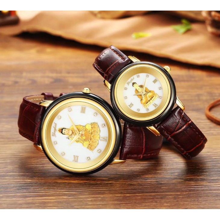 Đồng Hồ Đôi Nam Nữ Mặt Tròn Hình Phật Nạm Ngọc Bích - Đồng Hồ Godfell Nhật Bản Bảo Hành 1 Năm