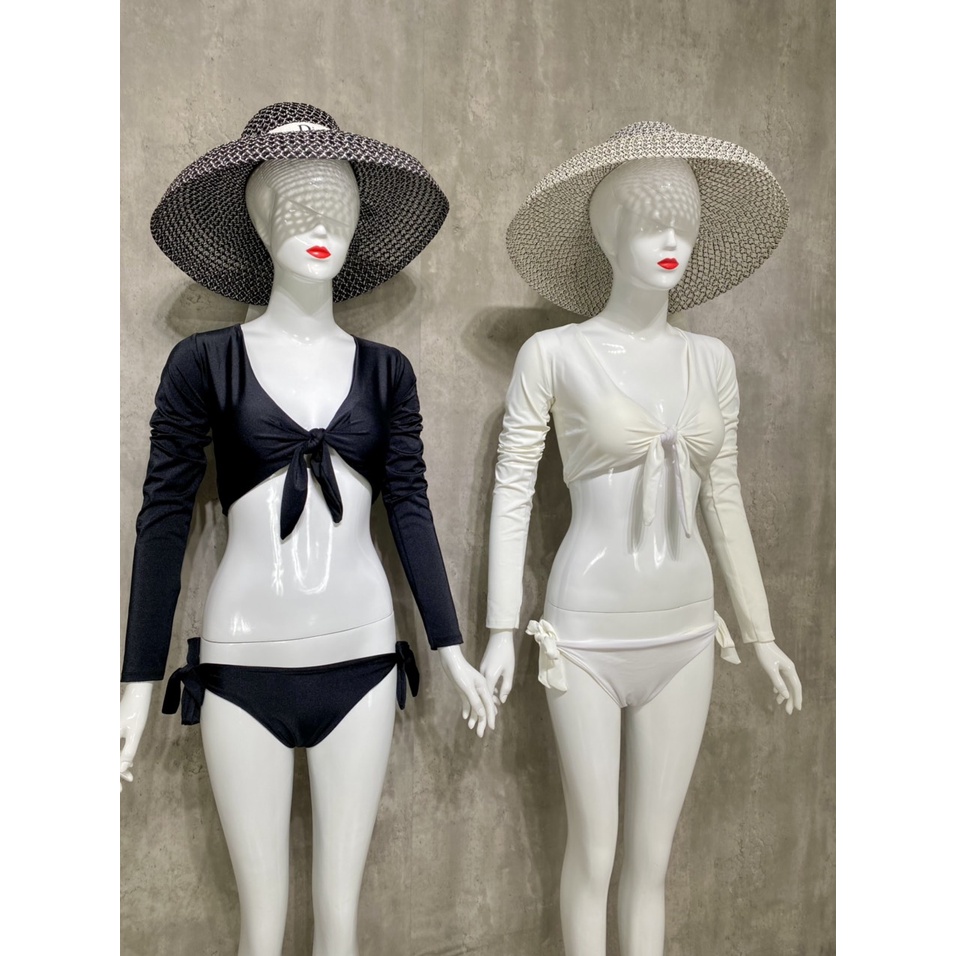 Bikini Đồ tắm đi biển 2 mảnh màu trắng áo tay dài cột nơ mix quần chip sexy cá tính