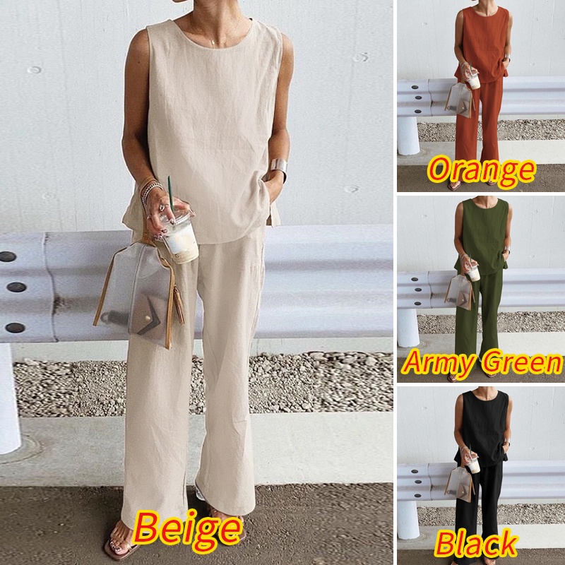 Bộ Áo thun ZANZEA không tay và Quần dài ống rộng nữ tính