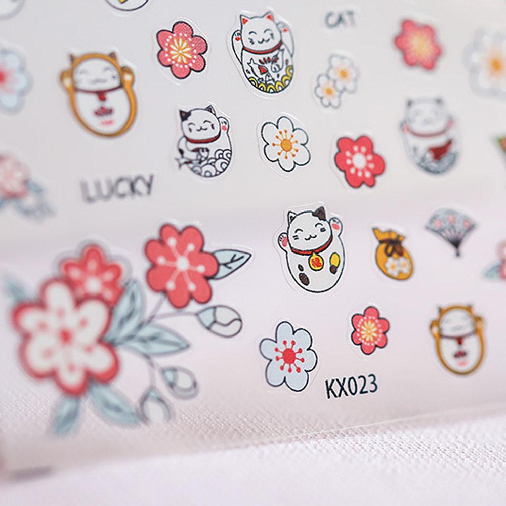 Miếng Dán Trang Trí Móng Tay 3D Họa Tiết Hoa Anh Đào Và Mèo May Mắn Kiểu Kimono Nhật Bản