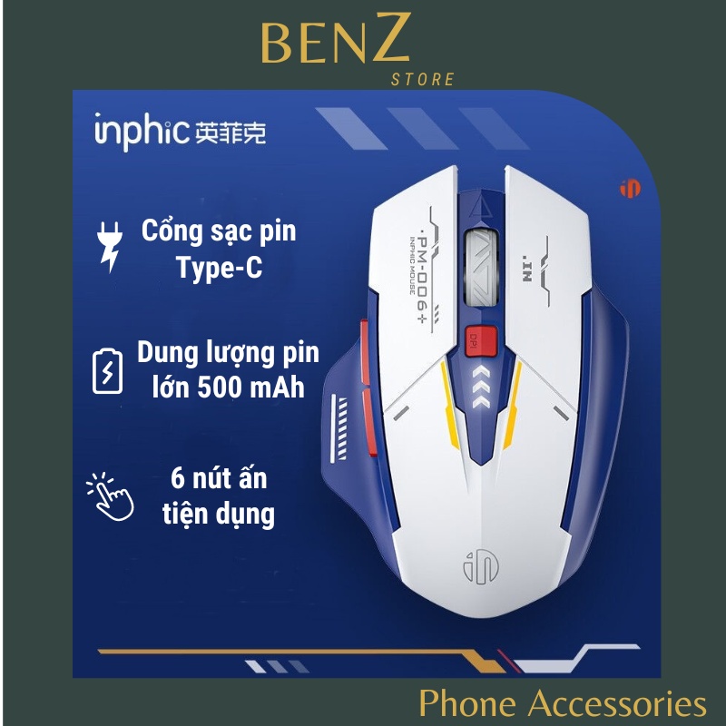 Chuôt không dây wireless, con chuột ko dây pin sạ có đèn Led tĩnh âm silent  INPHIC M6P thiết kế công thái học 6 nút