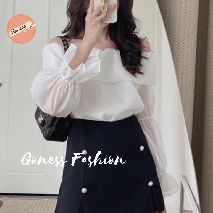 Áo sơ mi trễ vai Goness hai lớp tay dài phồng đẹp sang trọng thời trang Hàn Quốc A13