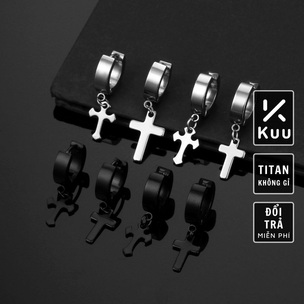 Khuyên tai nam nữ tròn dạng xỏ Kuu Studio màu bạc đen đơn giản đẹp nhỏ xinh - HT chữ thập