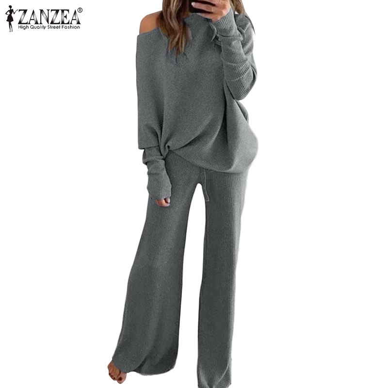 Set đồ ZANZEA áo cổ tròn tay cánh dơi kèm quần ống rộng lưng cao giữ ấm thời trang giản dị dành cho nữ