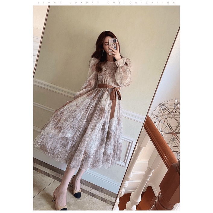 [FREE SHIP] ĐẦM XÒE LƯỚI IN HOA TIỂU THƯ PHONG CÁCH CỔ ĐIỂN SANG CHẢNH PU