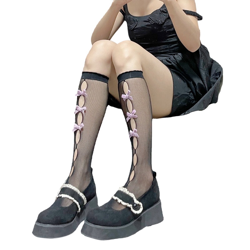 Xiangbao Tất Nhung Dài Qua Gối Đính Nơ Nhỏ Nhiều Màu Sắc Khoét Lỗ Rỗng Kiểu Lolita Cho Nữ