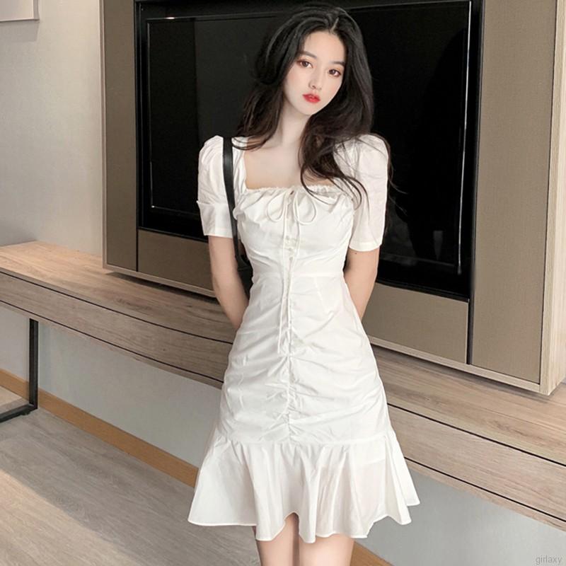 Đầm Tay Phồng Cổ Vuông Màu Trơn Phong Cách Hàn Quốc Dành Cho Nữ