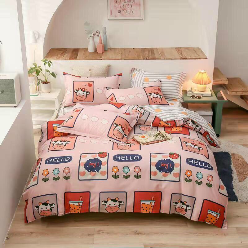 Bộ Chăn Ga Gối Cotton Hàn Quốc , Bò Hồng, Chất Liệu Bền Đẹp, Không Phai, Không Xù, Kích Cỡ Đa Dạng