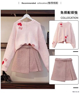 Set áo len chân váy dạ kèm belt