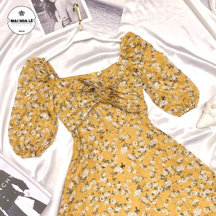 Váy đầm hoa cao cấp👗𝐇𝐎𝐓 𝐍𝐇𝐀̂́𝐓👗 Vải tơ mềm mát rượi, Thiết kế Xếp Ly ngực hoa vàng cách điệu 𝐒𝐢𝐞̂𝐮 𝐱𝐢𝐧𝐡 Full Size S M L