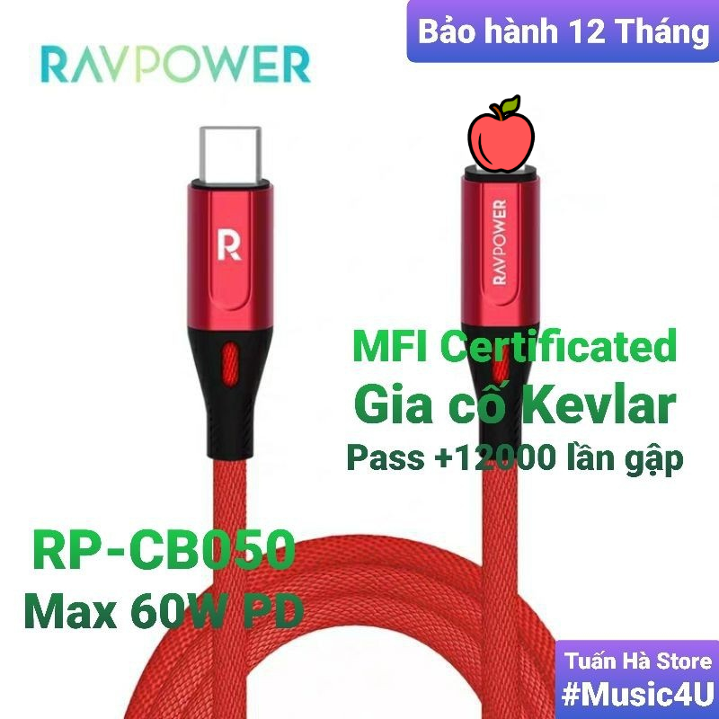 Dây cáp sạc nhanh RAVPower Type C ra to Lightnin-g siêu bền RP CB054 cho I-Phone 11 12 13 Pro Max Tuấn Hà Store