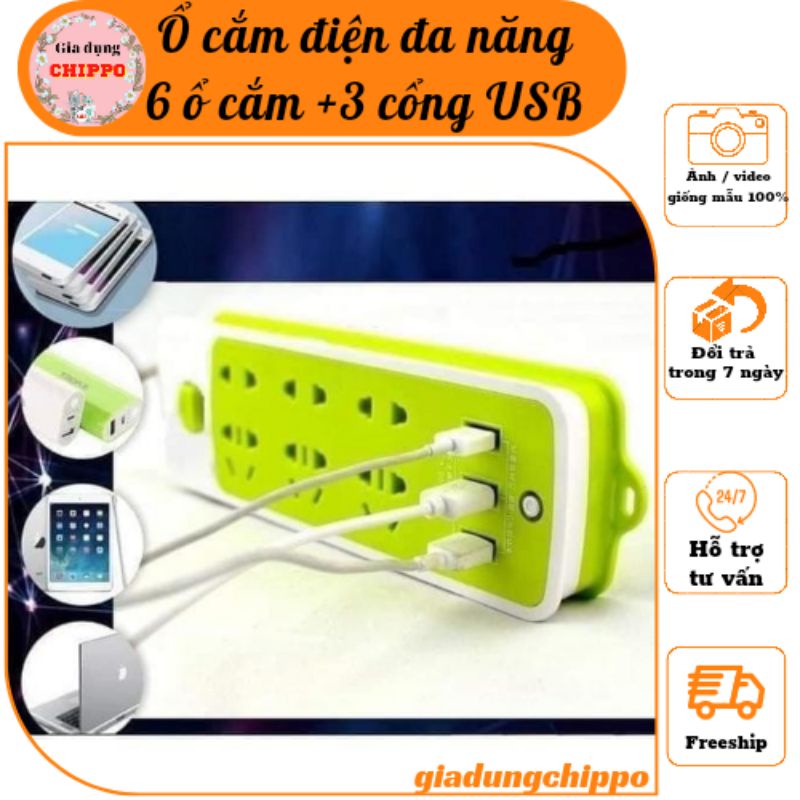 Ổ cắm điện xanh chống giật có 6 phích cắm và 3 cổng usb tiện lợi an toàn