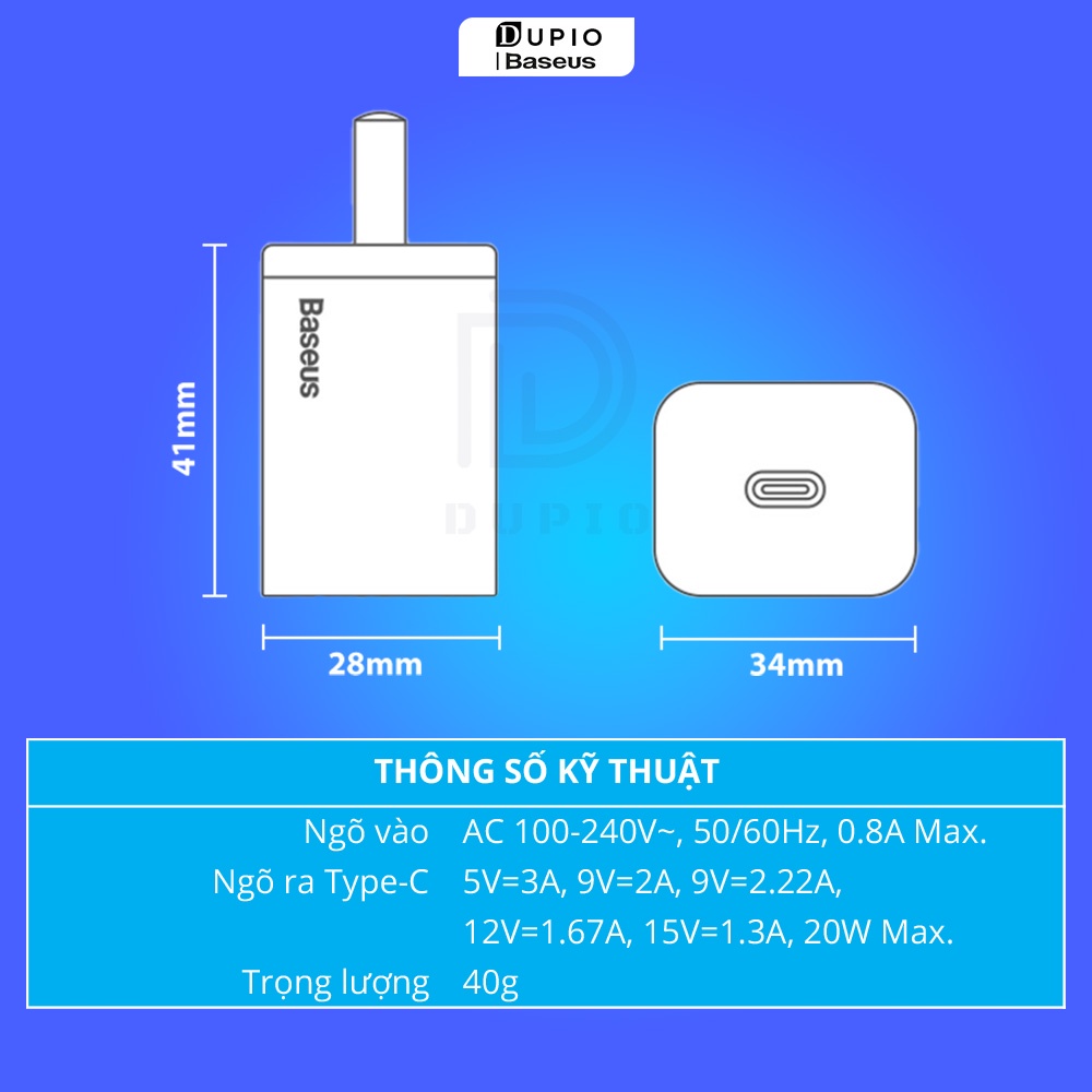 Bộ cóc củ DUPIO Baseus CS03 Super Si nhỏ gọn usb-c pd 20w 18w sạc nhanh nhiều cấp bảo vệ