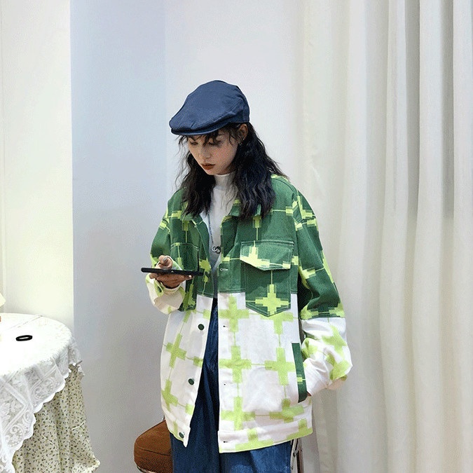 Áo khoác dáng ôm cài nút in họa tiết độc đáo phong cách retro Hàn Quốc thời trang mùa thu cho học sinh