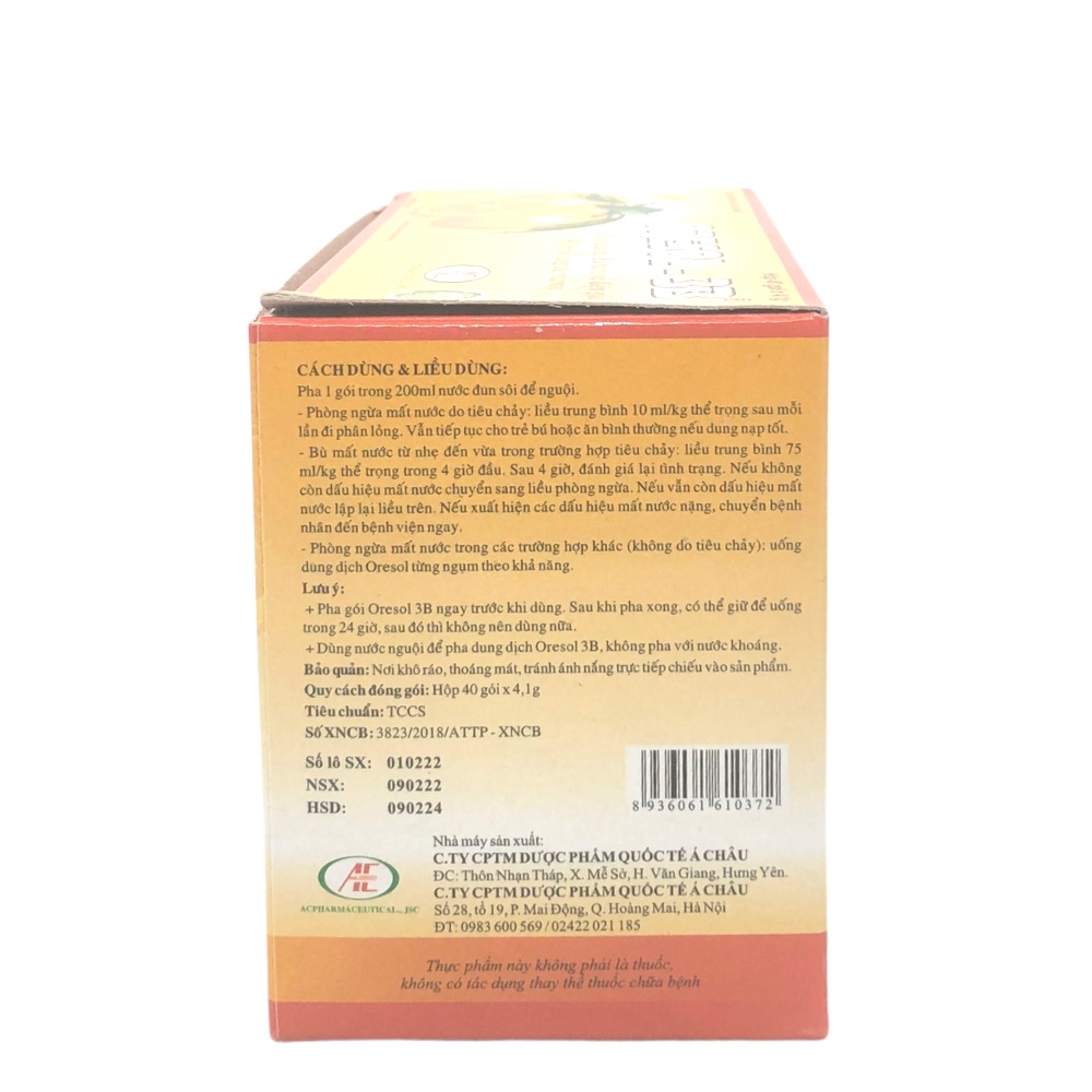 ORESOL 3B Bù Nước Và Điện Giải Hương Cam Hộp 40 Gói, Phòng Ngừa Mất Nước Do Tiêu Chảy