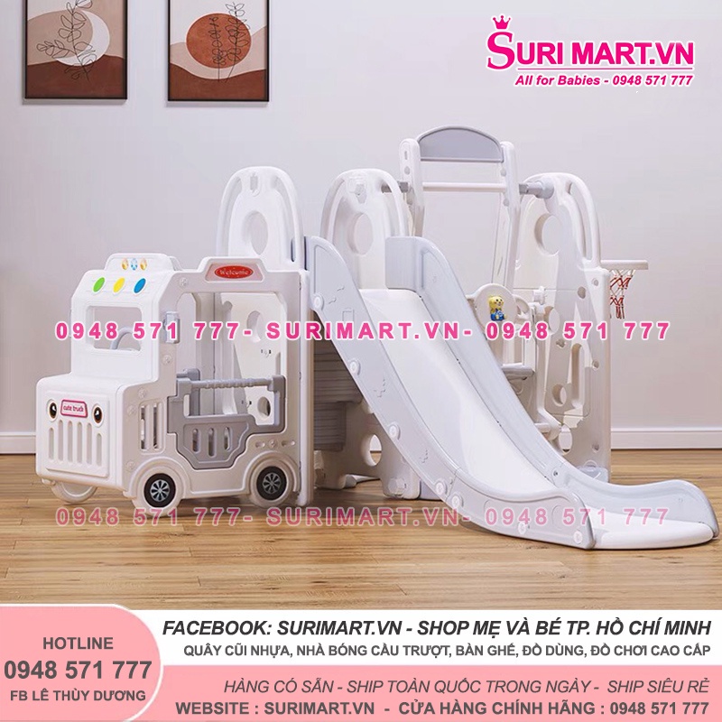 Cầu trượt xích đu ô tô Bus đa năng - Cầu trượt ô tô Bus cho bé 4in1